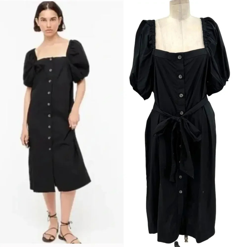 J. Crew Cottage Dress in Black‎ Square Neck Puff Sleeve Button Front Size XL